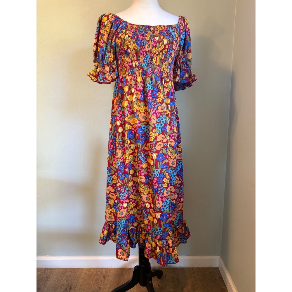 Colorful Floral Smocked Midi Dress Multicolor Puff Sleeve Boho Ruffle cottage XL